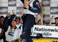 In Victory Lane, Jamie McMurray celebrates his first NASCAR Nationwide Series win of the season and his eighth in the series overall. Credit: John Harrelson/Getty Images for NASCAR